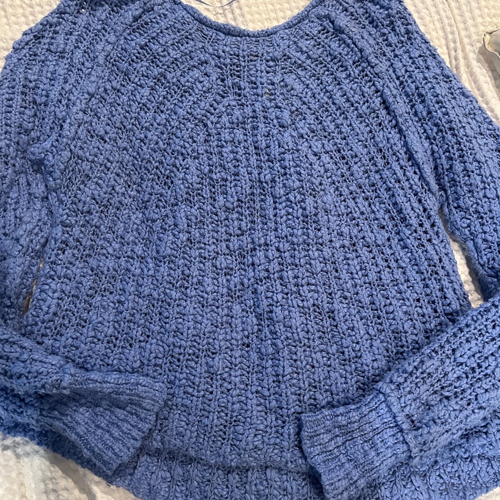 Free People Blue Crew Neck Sweater with Textured Knit